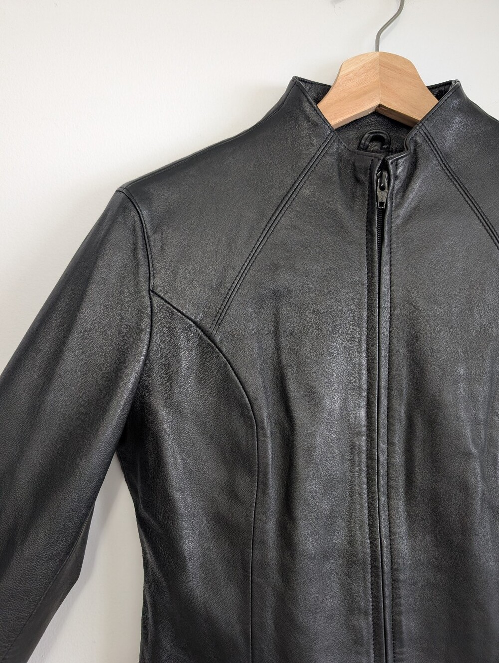 Mantles Petite Small Genuine Leather Jacket Black Biker Coat Zip Formal Simple